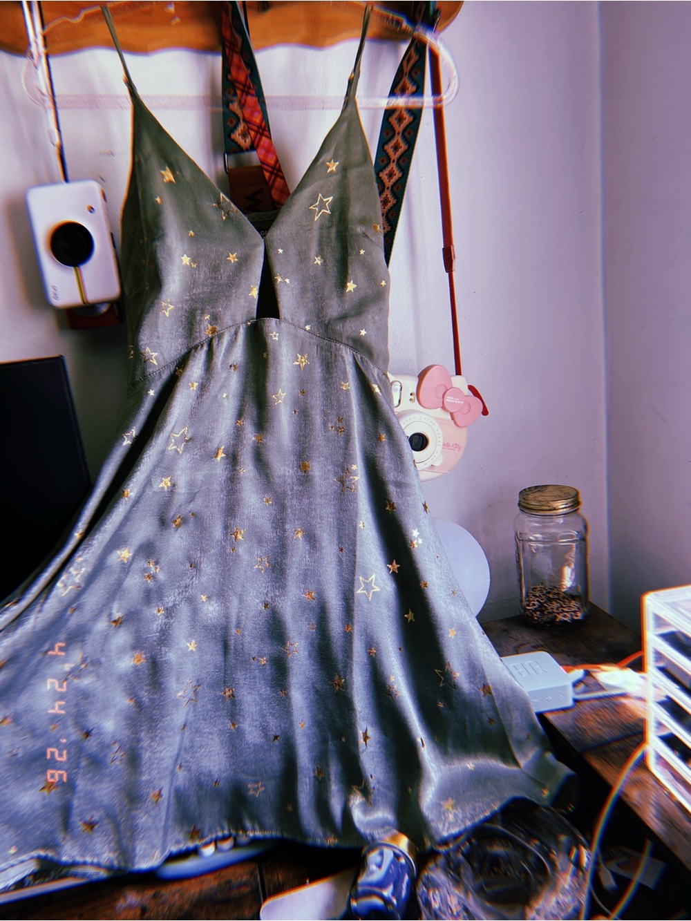 Nasty Gal Gold Star Print Olive Green Slip Dress